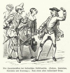 Dottore, Pantalone, Arlecchino and Scaramuccia, four characters from the Commedia dell