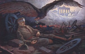 雄鹰向战场上阵亡的德国士兵传递铁十字勋章（彩色石版印刷） 作者 德国学校