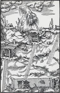 Georg Pawer 或 Georgius Agricola (1494-1555) 的 De re metala（论金属的性质）雕刻，在巴塞尔出版 作者 德国学校