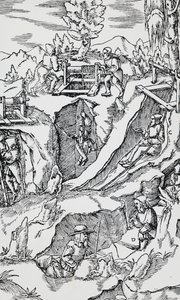 雕刻自De re metallica（论金属的性质），作者Georg Pawer或Georgius Agricola（1494-1555），在巴塞尔出版。 作者 德国学校