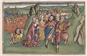 出埃及记14摩西和以色列人从纽伦堡圣经（Biblia Sacra Germanaica）穿过红海（彩色木刻） 作者 德国学校