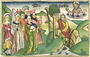 出埃及记15 1-19摩西之歌，来自纽伦堡圣经（Biblia Sacra Germanaica）（彩色木刻） 作者 德国学校
