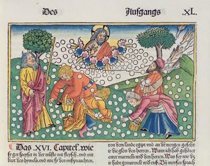 出埃及记16章13-22上帝从纽伦堡圣经（Biblia Sacra Germanaica）（彩色木刻）向以色列人提供鹌鹑和吗哪