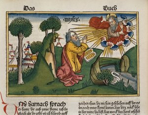 出埃及记34 1-10摩西从纽伦堡圣经（Biblia Sacra Germanaica）（彩色木刻）收到第十片十诫 作者 德国学校