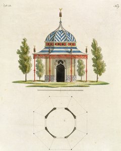 中国花园寺的外观，来自最近的花园新思路，1779年出版（彩色版画）（另见170864） 作者 德国学校