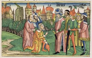 以斯拉记6 16耶路撒冷圣殿是由纽约伯爵国王（Biblia Sacra Germanaica）（彩色木刻）的大流士国王奉献的 作者 德国学校