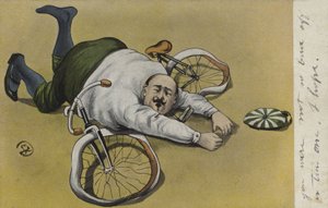 胖子，从自行车上掉下来（彩色石版画） 作者 德国学校