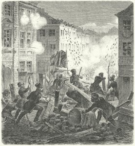 1848 年革命，柏林，科恩市政厅前的路障战斗（版画） 作者 德国学校