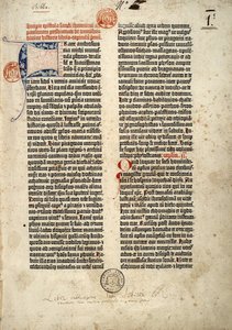 1452-1454年，古腾堡在美因茨编写的拉丁文《圣经》（vulgate）的第一页。圣杰罗姆给牧师鲍林的墓志铭的开头，涉及所有的圣经书籍。 作者 德国学校