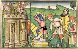 创世纪11 1-9建造巴别塔，来自纽伦堡圣经（Biblia Sacra Germanaica）（彩色木刻） 作者 德国学校