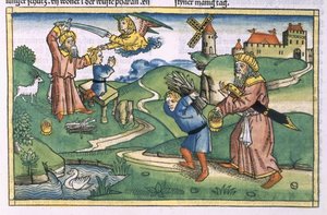 创世纪21 1-14亚伯拉罕从纽伦堡圣经（Biblia Sacra Germanaica）中提供艾萨克（彩色木刻） 作者 德国学校