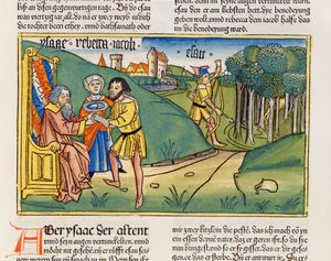 创世纪27 6-29雅各从纽伦堡圣经（Biblia Sacra Germanaica）（彩色木刻）获得艾萨克斯的祝福