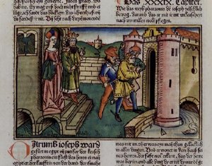 创世纪》39 19-23 无辜的约瑟夫入狱，摘自《纽伦堡圣经》（ Biblia Sacra Germanaica）（彩色木刻）。 作者 德国学校
