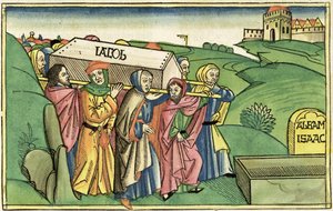 创世纪49：28-33雅各布的葬礼，来自纽伦堡圣经（Biblia Sacra Germanaica）（彩色木刻） 作者 德国学校