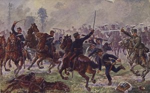 第一次世界大战，1914 年 8 月 22 日，德国轻骑兵在朗维夺取法国大炮（彩色石版画） 作者 德国学校
