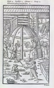 玻璃厂，展示大理石熔炉和玻璃鼓风机的插图（木刻） 作者 德国学校