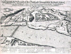 1663年普雷斯堡的城镇和城堡及其防御工事的平面图，来自一本关于奥斯曼帝国在欧洲的战役的书的插图，由保罗-弗斯特（约1605-66）雕刻（雕刻）。 作者 德国学校