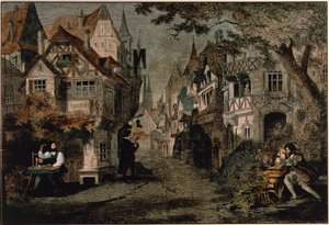 汉斯-萨克斯，理查德-瓦格纳的 "Die Meistersinger "中的第二场（彩色雕刻）。 作者 德国学校