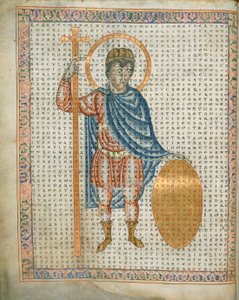 哈雷 3045 fol.2 皇帝路易一世，虔诚者，手持十字架和盾牌，选自《De Laudibus Sancte Crucis》，约 1170-79 年（牛皮纸） 作者 德国学校