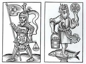 Hermansul或Hermensul（左）和Crodon（右）古代撒克逊人的偶像，在Herman Stangefol的Annales Circuli Westphaliae木刻后，于1656年出版 作者 德国学校