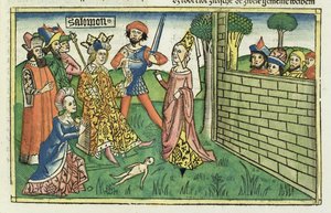 I Kings 3 16-28所罗门的审判，来自纽伦堡圣经（Biblia Sacra Germanaica）（彩色木刻） 作者 德国学校