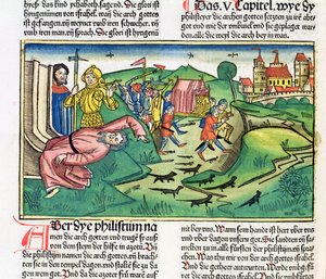 撒母耳记下5：1-11非利士人抓住方舟，被纽伦堡圣经（Biblia Sacra Germanaica）的瘟疫击中（彩色木刻）