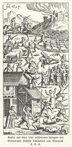 1645 年版德国作家约翰·迈克尔·莫斯赫罗施的讽刺作品 Wunderliche und Wahrhrachtige Gesichte Philanders von Sittewald（Philander von Sittewald 的奇妙而真实的愿景）中的插图（石版画） 作者 德国学校