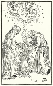Illustration from a treatise by Ulrich Molitor about diviner women and witchcraft (engraving) 作者 德国学校