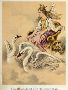 弗朗茨-霍夫曼的故事《故事与寓言--Von Wunderhold und Tausendsch¿n》的插图：一辆载着女神的战车被两只天鹅射中。19世纪的彩色石版画。 作者 德国学校