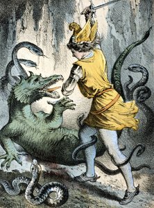 弗朗茨-霍夫曼的故事《故事与寓言》的插图。"Von Wunderhold und Tausendsch¿n"（一个人杀死怪物或龙）。19世纪的彩色石版画。 作者 德国学校