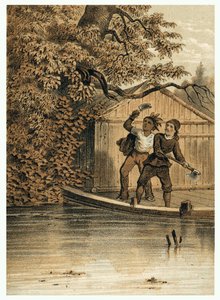 欧洲人征服亚马逊河的插图。 在“De Bootslieden der Amazon-River”中，Karl Muller，荷兰 作者 德国学校