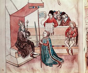 一位骑士的授衔。 Ulrich Richental (1360-1437) 1438 年《康斯坦茨议会编年史》的缩影，约布拉格，国家图书馆 作者 德国学校