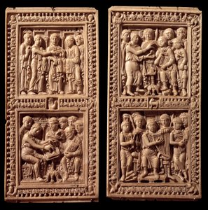Dagulf Psalter 的象牙装订：大卫，圣杰罗姆。 它是由查理曼大帝委托给教皇阿德里安一世的抄写员 Dagul（或 Dagulfe）。8 世纪末。 来自艾克斯拉夏贝尔。 巴黎，卢浮宫博物馆 作者 德国学校