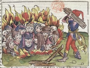 犹太人在纽伦堡纪事报上烧伤了哈特曼·谢德尔（1440-1514），1493年（彩色木刻） 作者 德国学校