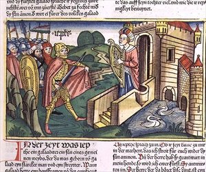 耶弗他的女儿问候她的父亲，摘自《纽伦堡圣经》（ Biblia Sacra Germanaica）（彩色木刻）。 作者 德国学校