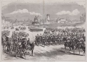 1871 年 3 月，德国皇帝威廉一世在法国巴黎隆尚观看阅兵（版画） 作者 德国学校