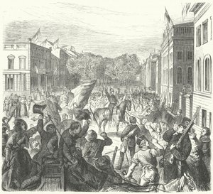 1848 年 3 月 21 日，普鲁士国王弗雷德里克·威廉四世骑马经过柏林大学，前往参加为骚乱中丧生的平民举行的集体葬礼（版画） 作者 德国学校