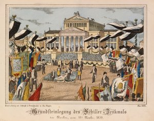 1859年11月10日柏林宪兵广场席勒纪念碑的基石铺设，背景为Schauspielhaus，来自Neurppiner Bilderbogen，由Oehmigle＆Ri出版 作者 德国学校