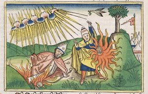 利未记10 1-2纳达布和亚比户从纽伦堡圣经（Biblia Sacra Germanaica）（彩色木刻）中提供不圣洁的火焰和死亡 作者 德国学校