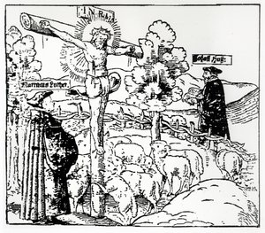 Luther（1483-1546）和Hus（1369-1415）与基督在羊圈中，15.15-21 作者 German School