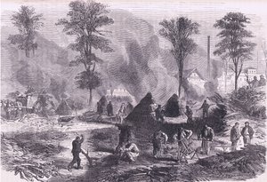 制作火药用木炭，卡塞尔公司出版的《卡塞尔法德战争史》，约 1890 年（石版印刷） 作者 德国学校