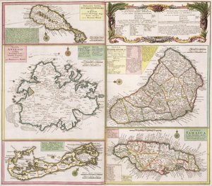 英国殖民地地图在加勒比海，酒吧。作者：Homanns继承人，纽伦堡，1750年（详见101837-38）