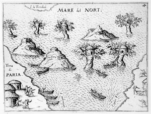 圭亚那海岸的地图，从Regni Guianae的例证G. Raleigh