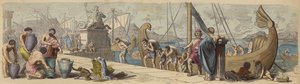 古希腊的海上贸易（彩色雕刻）。 作者 德国学校