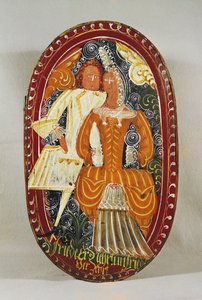 小杏仁饼盒描绘男人和女人，c.1660（彩绘木）