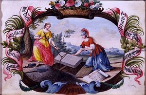 米纳瓦和代表建筑的人物，约1640年（牛皮纸上的水粉画 作者 德国学校