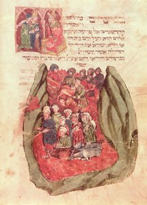 摩西带着以色列的孩子从1427年汉堡的犹太祈祷书中引领红海，（手稿） 作者 德国学校