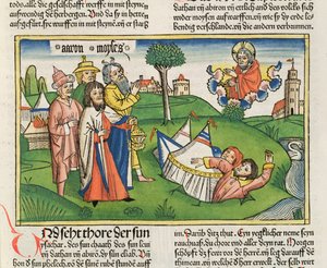 数字16 32地球吞下反叛者大坍和亚比兰，来自纽伦堡圣经（Biblia Sacra Germanaica）（彩色木刻）