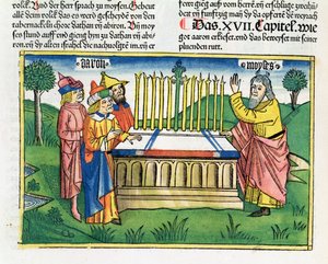 民数记17-11亚伦的圣经（Biblia Sacra Germanaica）（彩色木刻）祭坛上的亚伦人员在坛上绽放 作者 德国学校