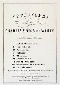 展示卡尔·玛丽亚·冯·韦伯 (Carl Maria von Weber) 的各种歌剧序曲的页面（石版画） 作者 德国学校